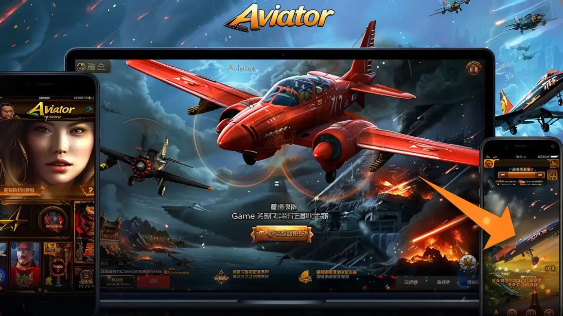 A multi-device showcase of the Aviator game, with the red plane flying across a tablet and multiple smartphone screens, highlighting its availability on the eea77 platform.