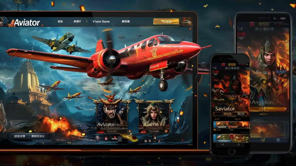 The popular Aviator crash game displayed on tablet and mobile screens, featuring a red airplane flying over a dramatic battle scene, available for play on eea77.