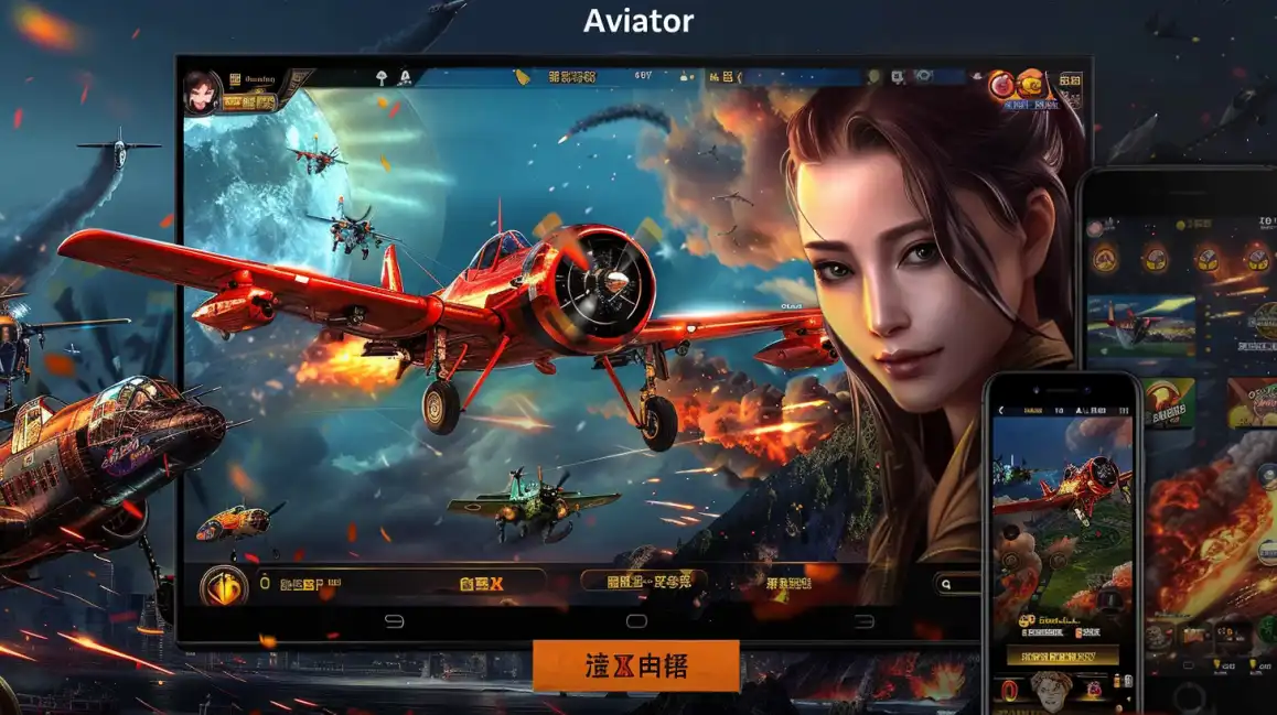 A promotional image for the Aviator game on eea77, showing the iconic red plane on a large screen alongside a female character and mobile app views for on-the-go play.