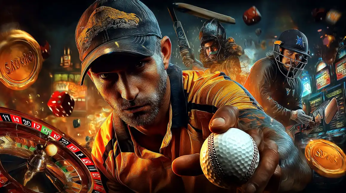 An intense cricket player holds a ball, surrounded by a dynamic collage of sports action, roulette wheels, and casino elements, showcasing the variety of betting at eea77.