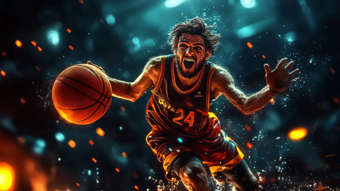 A dynamic basketball player in mid-action, dribbling the ball with fierce determination, representing the high-energy sports betting opportunities available on the eea77 platform.