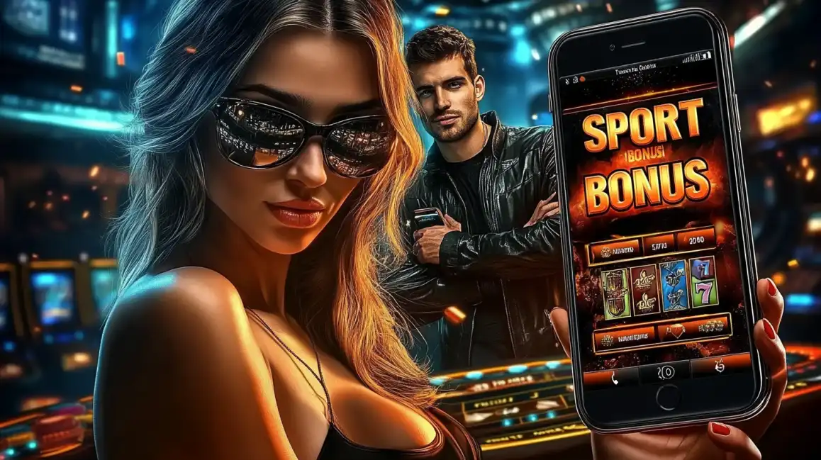 A chic woman displays a smartphone with a SPORT BONUS offer over a slot game interface, highlighting the exciting sports promotions you can claim on the eea77 app.