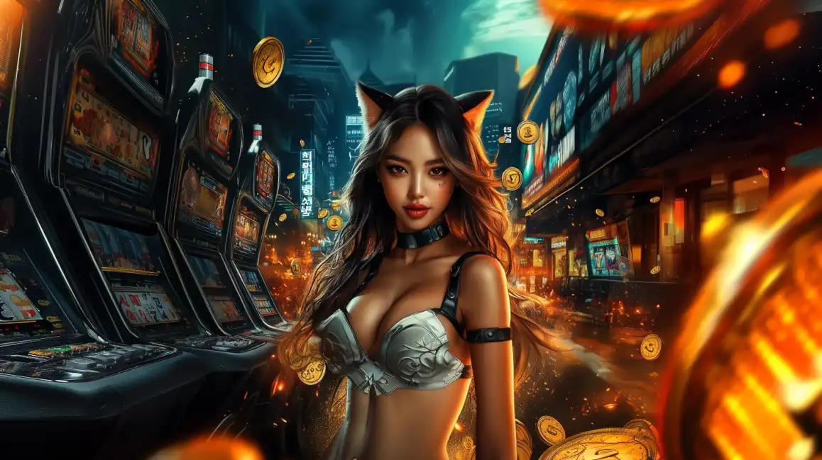 An alluring woman with cat ears stands amidst the glowing neon signs and slot machines of a futuristic city, embodying the immersive gaming experience at eea77 casino.
