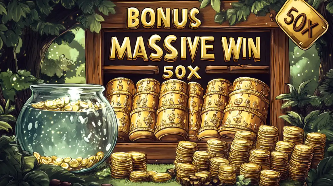 An exciting game screen showing a BONUS MASSIVE WIN 50X notification over piles of gold coins and treasure chests in an enchanted forest, a win possible at eea77.