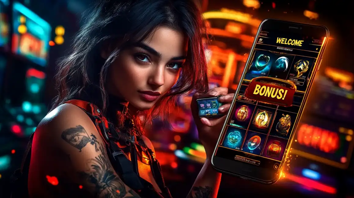 A stylish woman with tattoos presents a smartphone displaying a generous WELCOME BONUS screen for the eea77 online casino, featuring captivating fantasy slot symbols.