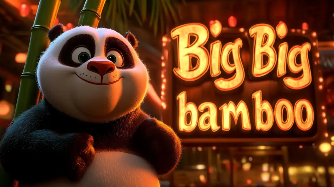 The friendly cartoon panda from the Big Big Bamboo slot game smiles next to the glowing game title sign, a popular game available to play on the eea77 platform.