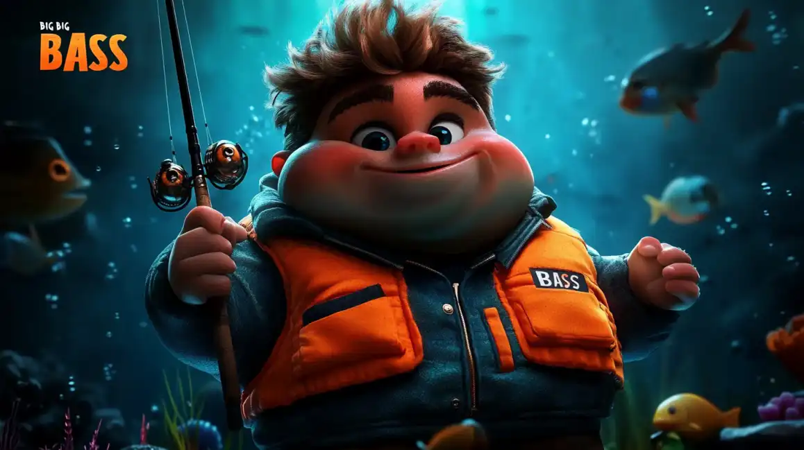 The cheerful cartoon fisherman from the Big Big Bass slot game holds his fishing rod underwater, ready to catch big wins for players at the eea77 online casino.