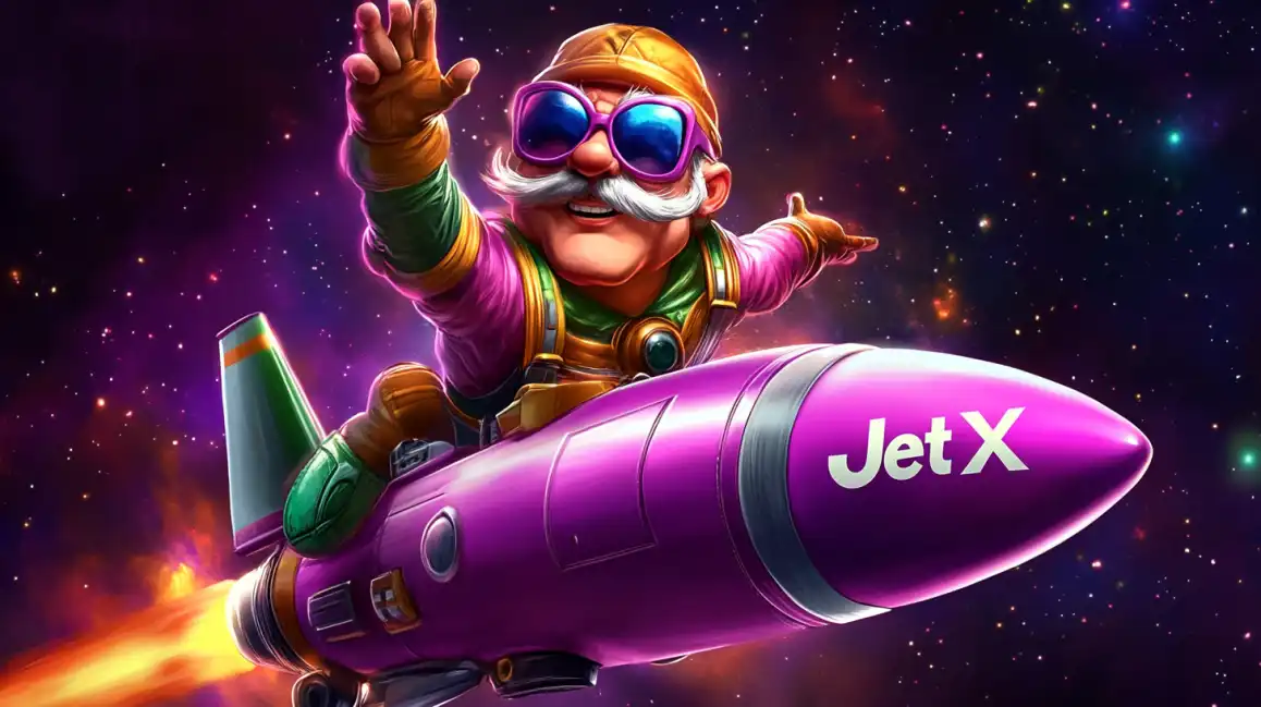 An adventurous cartoon pilot with a mustache rides a purple rocket through space, showcasing the exciting JetX crash game that you can play on eea77 for thrilling wins.