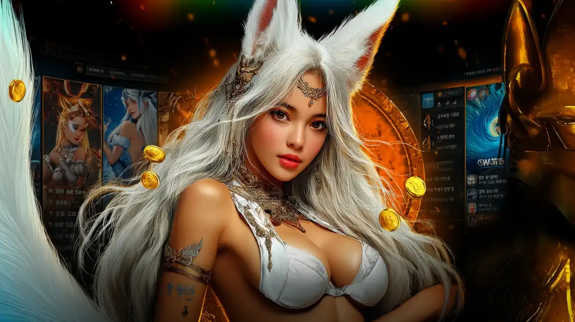 A stunning woman with long white hair and fox ears, adorned with fantasy jewelry, is featured in front of the eea77 online casino game interface with falling gold coins.