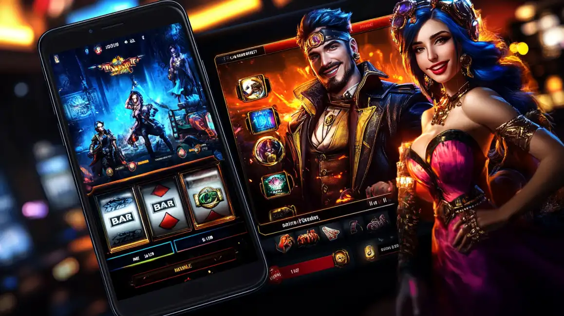 A mobile phone shows a classic slot game next to a tablet displaying vibrant fantasy game characters, illustrating the diverse selection of mobile slots available at eea77.