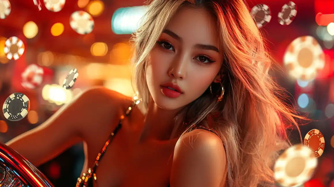 A beautiful woman with blonde-highlighted hair gives a captivating look in a high-end casino, with glowing poker chips and lights creating a glamorous bokeh effect at eea77.