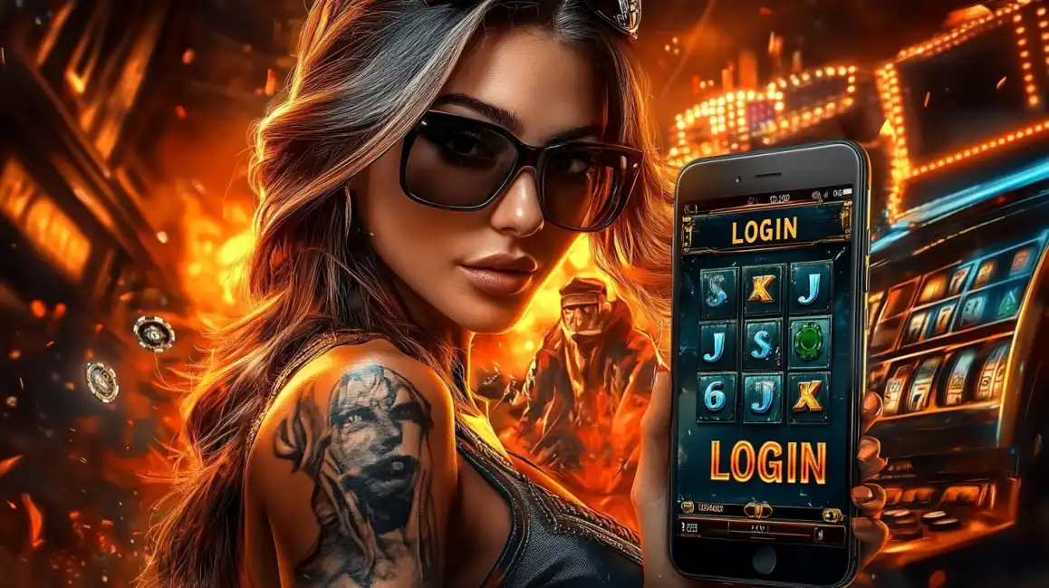 A cool woman with sunglasses and a prominent shoulder tattoo holds up her phone, showing the eea77 slots and the LOGIN button against a blazing casino backdrop.