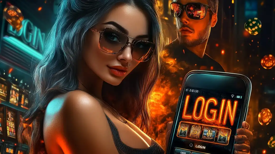 A stylish woman in sunglasses holds a smartphone displaying the glowing LOGIN screen for the eea77 casino, with a man and a fiery, neon-lit casino in the background.