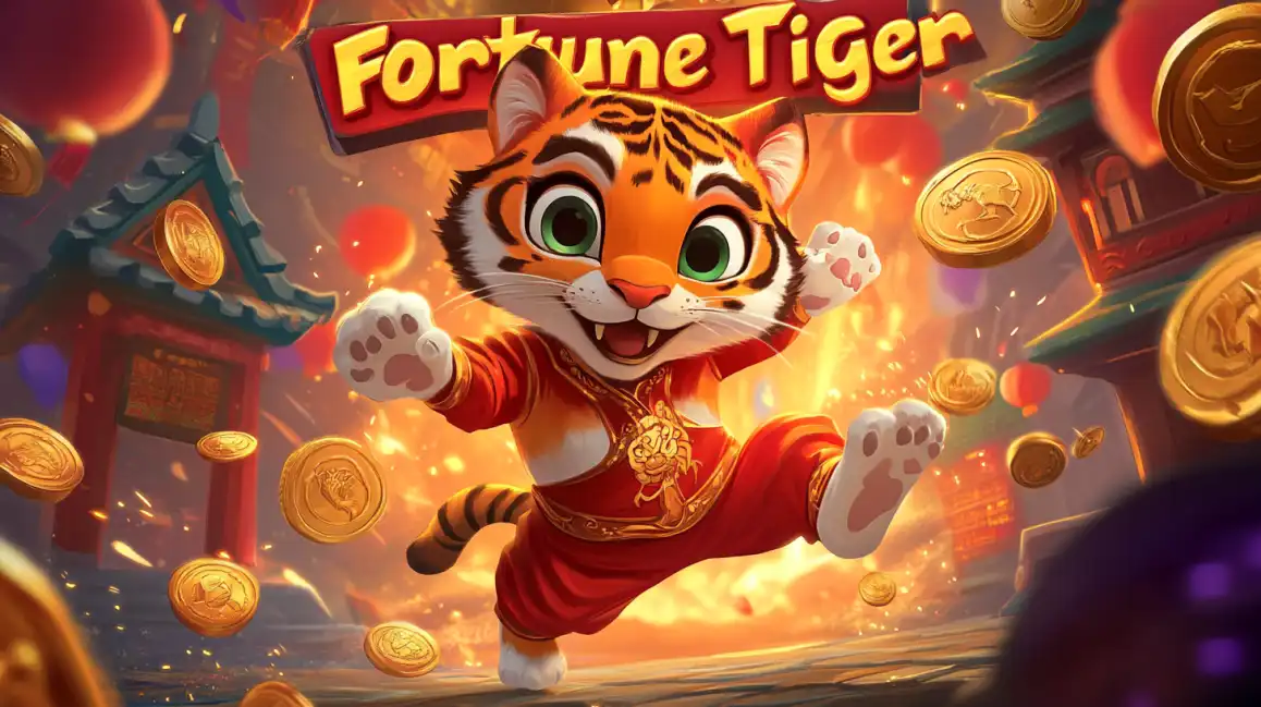 The adorable and energetic Fortune Tiger character leaps with joy amidst a shower of gold coins and festive lanterns, bringing good luck to players of this popular eea77 slot.