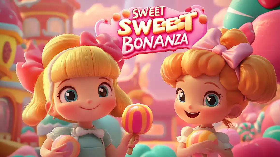 Two cheerful cartoon girls with large bows in their hair smile in a colorful world made of candy, representing the delightful and rewarding Sweet Bonanza slot game at eea77.
